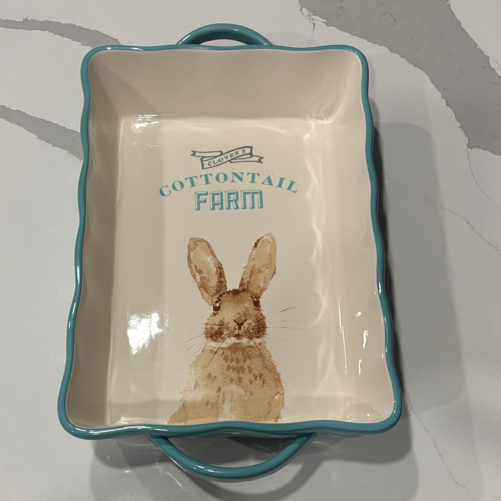 “Clover’s Cottontail Farm”Ceramic Baking Dish w/ Handles Blue & White Polka Dots